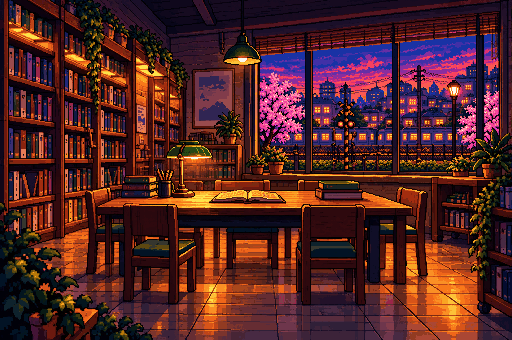 The Street Roots library: shelves of books, a reading table under a green lamp, and blossom outside the window.