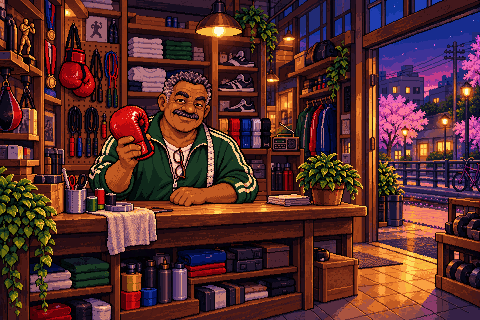 Mack, an older boxer in a green track jacket, holds up a red glove behind the counter of his shop.