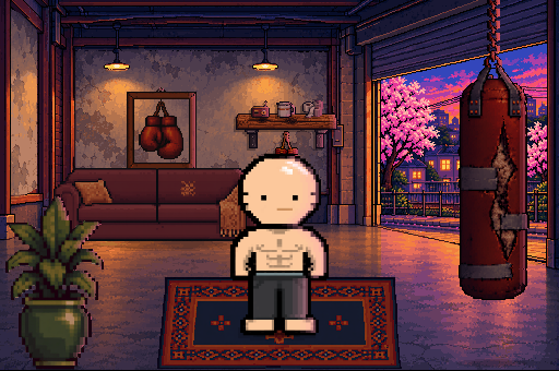 The hero at home in a furnished dojo room, with the Street Roots street through the open shutter.