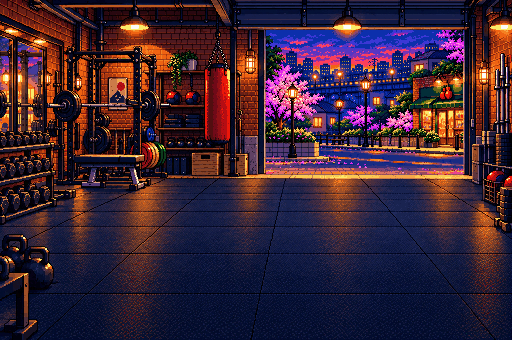 A garage gym with a heavy bag, racks of weights and the street through the open door.
